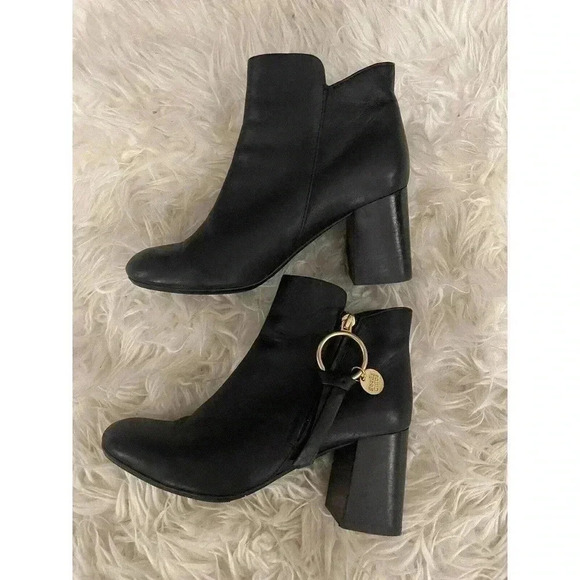 See by Chloe Boots Louise Block Heel Ankle Booties Black Leather Zip Size 37 7 - Picture 11 of 15